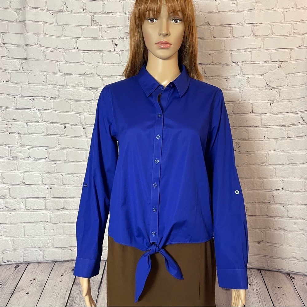 Chico's No-Iron Cotton Tie-Front Blue Shirt Size 0 US S